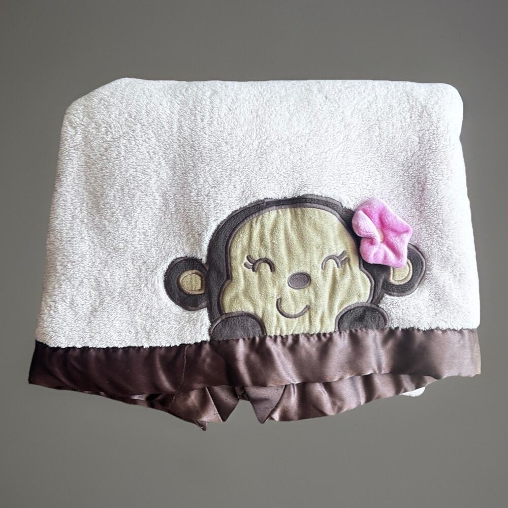 Carter’s Pink Monkey Baby Girls Blanket Pink Brown Lovey Child Mine Satin Edge
